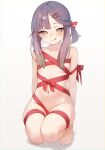  1girl barefoot blush bow collarbone commentary feet flat_chest full_body gradient_hair hair_ornament hair_ribbon hairpin heart heart_hair_ornament kantai_collection licking_lips looking_at_viewer multicolored_hair naked_ribbon navel one_side_up orange_hair purple_eyes purple_hair red_bow red_ribbon ribbon sakieko short_hair_with_long_locks sidelocks simple_background smile solo squatting stomach symbol-only_commentary thighs toes tongue tongue_out tsushima_(kancolle) white_background 