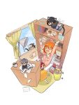  2girls 4boys animal_ears arms_up ashiya_douman_(fate) blue_sky blush bookshelf cat_ears cat_tail chibi commentary fate/grand_order fate_(series) fujimaru_ritsuka_(female) highres in_trash_can indoors kemonomimi_mode multiple_boys multiple_girls oberon_(fate) okita_souji_(fate) open_mouth orange_hair saitou_hajime_(fate) sitting sky stretching symbol-only_commentary tail takasugi_shinsaku_(fate) trash_can tt_hmx window 