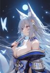  1girl ai-generated animal_ears azur_lane bare_shoulders blue_eyes blue_kimono breasts bug butterfly cleavage fox_ears fox_girl fox_tail grey_hair hand_fan highres holding holding_fan japanese_clothes kimono klaringadon large_breasts long_hair moon moonlight night night_sky outdoors shinano_(azur_lane) sky smile tail very_long_hair 