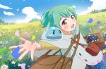  1girl 1other \o/ arms_up bag cloak creature creature_on_shoulder field flower flower_field green_hair handbag highres hood hooded_cloak hosigarasu820 ivy_(saijaku_tamer) on_shoulder outstretched_arms petals saijaku_tamer_wa_gomi_hiroi_no_tabi_wo_hajimemashita slime_(creature) sora_(saijaku_tamer) white_cloak yellow_eyes 