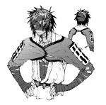  1boy bandage_over_one_eye bandaged_arm bandaged_head bandages chiemon_(fate) closed_mouth cropped_torso fate/samurai_remnant fate_(series) greyscale hands_on_own_hips highres japanese_clothes male_focus monochrome multiple_views short_hair simple_background sketch solo_focus upper_body wataru_rei 