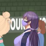  3girls a1 blonde_hair brown_hair green_eyes hair_ornament hair_scrunchie long_hair looking_up love_live! love_live!_school_idol_project low_twintails mask mouth_mask multiple_girls purple_hair scrunchie short_hair solo_focus toujou_nozomi twintails upper_body 