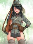  1girl belt black_hair blush breast_pocket brown_belt cowboy_shot em_s gloves green_headwear grey_gloves gun hair_over_one_eye hat highres holding holding_gun holding_weapon kantai_collection kumano_maru_(kancolle) long_hair long_sleeves looking_at_viewer military_uniform open_mouth pocket red_eyes smile solo uniform weapon 