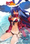  1girl antenna_hair ball beachball bikini blue_hair commentary_request disgaea disgaea_d2 flame_print flower genderswap genderswap_(mtf) hat hat_flower jacket laharl laharl-chan long_hair looking_at_viewer makai_senki_disgaea miyakawa106 pointy_ears red_eyes scarf sitting solo sun_hat swimsuit untied untied_bikini wariza water wet 