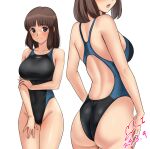  1girl amagami ass bare_arms bare_shoulders black_one-piece_swimsuit blue_one-piece_swimsuit blush breasts brown_eyes brown_hair closed_mouth collarbone commentary_request commission competition_swimsuit covered_navel cowboy_shot dated groin hand_on_own_thigh highleg highleg_swimsuit highres large_breasts looking_at_viewer medium_hair multiple_views one-piece_swimsuit open_mouth pixiv_commission raised_eyebrows signature simple_background smile split_mouth standing swimsuit tanaka_keiko_(amagami) teeth two-tone_swimsuit upper_teeth_only white_background yoo_tenchi 