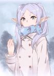  1girl coat commentary_request earrings elf expressionless frieren green_eyes grey_hair highres jewelry kawata_hisashi long_hair looking_at_viewer outdoors pointy_ears scarf sketch snow solo sousou_no_frieren twintails upper_body 