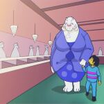 after_eating anthro blush boss_monster_(undertale) bovid breath buffet caprine clothed clothing female floppy_ears frisk_(undertale) fur goat group hand_holding hi_res horn inside kommodore64 mammal mature_anthro mature_female overweight overweight_anthro overweight_female pattern_clothing pattern_shirt pattern_topwear shirt striped_clothing striped_shirt striped_topwear stripes topwear toriel undertale undertale_(series) weight_gain white_body white_fur