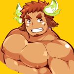  1boy abs animal_ears aopanda bara brown_eyes brown_hair completely_nude cow_boy cow_ears cow_horns cropped_torso dark-skinned_male dark_skin facial_hair fiery_horns forked_eyebrows glowing_horns goatee grin horns large_pectorals looking_at_viewer lowres male_focus muscular muscular_male nipples nude pectorals short_hair smile solo spiked_hair thick_eyebrows tokyo_houkago_summoners wakan_tanka 