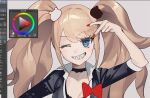  1girl arm_up bangs bear_hair_ornament black_bra black_shirt blue_eyes bow bra breasts choker collarbone danganronpa:_trigger_happy_havoc danganronpa_(series) enoshima_junko grey_background grin hair_ornament highres large_breasts long_hair looking_at_viewer nail_polish one_eye_closed red_bow red_nails seveneightdu sharp_teeth shiny shiny_hair shirt simple_background smile solo tagme teeth twintails underwear unfinished upper_body v 