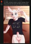 anthro balls bed blue_eyes bottomless bottomless_male clothed clothing foreskin free_use fur furniture genitals hi_res hotel humanoid_genitalia humanoid_penis lagomorph leporid looking_at_viewer male mammal milo_nettle on_bed penis public_use rabbit reddit sitting sitting_on_bed solo white_body white_fur
