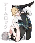  2boys alhaitham_(genshin_impact) amata_(amaxtamax) blonde_hair blush boots clinging closed_eyes commentary_request full_body genshin_impact grey_hair highres holding_another&#039;s_leg holding_another&#039;s_wrist kaveh_(genshin_impact) long_hair looking_at_another male_focus multiple_boys shadow shaking shirt short_hair sweatdrop toned toned_male top-down_bottom-up translation_request white_background white_shirt yaoi 