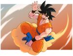  1boy belt black_eyes black_hair blue_belt blue_footwear dougi dragon_ball dragon_ball_super dragon_ball_z_fukkatsu_no_f flying_nimbus full_body kukumomo muscular muscular_male orange_pants orange_shirt pants shirt sitting sleeveless solo son_goku spiked_hair wavy_hair 