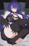  1girl absurdres acheron_(honkai:_star_rail) ass black_choker black_gloves black_shorts breasts choker cleavage embarrassed feet gloves hair_over_one_eye highres honkai:_star_rail honkai_(series) large_breasts long_hair looking_at_viewer nvl purple_eyes purple_hair short_shorts shorts solo sweatdrop thick_thighs thighs very_long_hair 