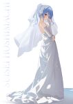  1girl alternate_costume asymmetrical_hair backless_dress backless_outfit blue_eyes blue_hair blue_nails blush breasts bridal_gauntlets bridal_veil closed_mouth dangle_earrings dress earrings eyelashes flower from_side full_body gloves hair_between_eyes hair_bun hair_flower hair_ornament highres hololive hoshimachi_suisei jewelry light_blue_hair looking_at_viewer medium_hair nail_polish ponytail profile rose simple_background single_side_bun small_breasts smile solo standing star_(symbol) star_earrings strapless strapless_dress totuoooo1015 veil virtual_youtuber wedding_dress white_background white_dress white_flower white_gloves white_rose white_veil 