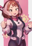  1girl :d absurdres bodysuit boku_no_hero_academia breasts brown_eyes brown_hair clenched_hands commentary grey_background headpiece highres looking_at_viewer medium_breasts open_mouth pink_background short_hair smile solo sooon teeth two-tone_background upper_teeth uraraka_ochako 