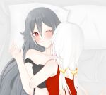  alternate_costume back bare_shoulders black_sports_bra blanket blush fu_hua fu_hua_(fenghuang_of_vicissitude) fu_hua_(herrscher_of_sentience) grey_background grey_hair hair_between_eyes head_on_pillow highres honkai_(series) honkai_impact_3rd licking licking_another&#039;s_neck long_hair looking_at_another low-tied_long_hair low_twintails multicolored_hair nadhoe00 off_shoulder one_eye_closed parted_lips pillow red_eyes red_tank_top sports_bra streaked_hair tank_top twintails upper_body white_hair yellow_pupils 