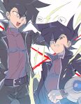  1boy aoki_(fumomo) bangs black_coat black_hair black_pants clenched_teeth coat duel_academy_uniform_(yu-gi-oh!_gx) duel_disk hair_between_eyes high_collar long_sleeves male_focus manjoume_jun multiple_views one_eye_closed open_mouth pants purple_shirt shirt simple_background spiked_hair sweat teeth yu-gi-oh! yu-gi-oh!_gx 