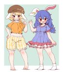  2girls animal_ears arinu barefoot blonde_hair bloomers blue_dress blue_hair blush brown_headwear cabbie_hat closed_mouth dango dress earclip food full_body hair_between_eyes hat highres holding holding_food long_hair looking_at_viewer multiple_girls open_mouth orange_shirt rabbit_ears red_eyes ringo_(touhou) seiran_(touhou) shirt short_hair short_sleeves shorts smile socks striped_clothes striped_shorts touhou vertical-striped_clothes vertical-striped_shorts wagashi white_bloomers white_socks yellow_shorts 