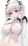  1girl alternate_costume azur_lane between_breasts bikini black_choker bottomless bow breasts choker cleavage elbow_gloves finger_to_mouth formidable_(azur_lane) g_home gloves grin hair_bow hand_up headdress highres large_breasts long_hair looking_at_viewer navel red_eyes simple_background skindentation smile solo stomach string_bikini swimsuit twintails unfinished upper_body very_long_hair white_background white_bikini white_gloves white_hair 
