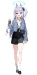  1girl :d absurdres alternate_costume arm_at_side bag bare_legs black_bow black_footwear black_skirt blue_archive blue_jacket blush bow cellphone denim denim_jacket dot_nose drink full_body hair_bow halo hand_up handbag high-waist_skirt highres holding holding_drink holding_phone jacket leepy long_hair long_sleeves looking_at_viewer miniskirt miyako_(blue_archive) one_side_up open_clothes open_jacket open_mouth pencil_skirt phone purple_hair shirt shirt_tucked_in shoes sidelocks skirt smartphone smile socks solo white_shirt white_socks 