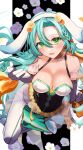  1girl :d absurdres animal_ears aqua_hair bare_shoulders blush braid breasts chloe_(fire_emblem) cleavage commentary_request fake_animal_ears fire_emblem fire_emblem_engage fire_emblem_heroes flower gloves green_eyes hair_between_eyes highres large_breasts long_hair looking_at_viewer mu_tu_bu open_mouth pantyhose smile solo very_long_hair white_flower white_gloves white_pantyhose 
