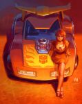  1girl blue_eyes bow car character_request dress engine fmu hot_rod_(transformers) looking_at_viewer motor_vehicle on_vehicle pink_dress red_hair sitting smile solo spoiler_(automobile) sports_car transformers transformers:_generation_1 vehicle_focus white_bow 