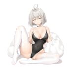  1girl absurdres ahoge ass bare_arms bare_shoulders bean_bag_chair black_choker black_one-piece_swimsuit breasts cameltoe choker cleavage closed_mouth clothing_cutout collarbone commission competition_swimsuit covered_navel feet grey_eyes grey_hair highleg highleg_swimsuit highres holding keibeam knee_up large_breasts no_shoes one-piece_swimsuit original short_hair side-tie_swimsuit side_cutout simple_background skindentation solo spaghetti_strap swimsuit thighhighs thighs wavy_mouth white_background white_thighhighs 