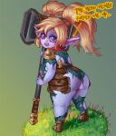 areola big_breasts big_butt blonde_hair breasts brown_clothing brown_footwear brown_shoes butt clothing dialogue eyelashes female footwear fur grass green_background hair hammer holding_hammer holding_object holding_tool holding_weapon humanoid humanoid_pointy_ears league_of_legends looking_at_viewer nipples open_mouth pigtails plant poppy_(lol) pupils purple_areola purple_body purple_eyes purple_fur purple_nipples red_scarf riot_games samerainsfw scarf shoes short_stack simple_background slit_pupils solo talking_to_viewer text thick_thighs tools torn_clothing twintails_(hairstyle) weapon wide_hips yordle