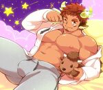  1boy animal_ears aopanda bara bare_pectorals blush brown_eyes brown_hair bulge casual cow_boy cow_ears cow_horns dark-skinned_male dark_skin doll facial_hair fiery_horns forked_eyebrows glowing_horns goatee grey_pants holding holding_doll hood hooded_jacket horns jacket large_pectorals looking_at_viewer male_focus muscular muscular_male navel nipples official_alternate_costume one_eye_closed open_clothes open_jacket pants pectorals plump short_hair single_bare_shoulder solo spiked_hair spread_legs stomach stuffed_animal stuffed_toy thick_eyebrows thick_thighs thighs tokyo_houkago_summoners wakan_tanka white_jacket 