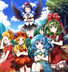  5girls =_= aki_minoriko aki_shizuha alternate_hair_length alternate_hairstyle angry asymmetrical_hair bird_wings black_hair black_wings blonde_hair blue_eyes blue_hair blue_sky closed_mouth cloud commentary_request crossed_arms crying cutting_hair dat dress eyebrows_visible_through_hair food frilled_ribbon frills front_ponytail fruit grapes green_eyes green_hair hair_bobbles hair_ornament hair_ribbon happy hat hat_removed headwear_removed highres kagiyama_hina kawashiro_nitori leaf_hair_ornament long_hair mob_cap multiple_girls notepad open_mouth orange_eyes outdoors pen pom_pom_(clothes) pouch pout red_dress red_headwear red_ribbon ribbon ruu_(tksymkw) scissors shameimaru_aya short_hair short_sleeves sky smile sunlight sweat tears tokin_hat touhou twintails wings 