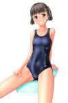 1girl absurdres black_hair blue_swimsuit breasts collarbone cowboy_shot green_eyes grin highres kickboard looking_at_viewer navel new_school_swimsuit original school_swimsuit short_hair simple_background small_breasts smile solo swimsuit takafumi tan twintails white_background 