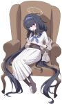  1girl absurdly_long_hair absurdres armchair bags_under_eyes black_hair black_pantyhose black_undershirt blue_archive blue_eyes blue_hairband blue_neckerchief blush brown_cardigan bx_(zhileng_yasuoji) cardigan chair crossed_bangs hair_between_eyes hairband halo highres long_hair long_skirt long_sleeves looking_at_viewer midriff neckerchief pantyhose sailor_collar school_uniform serafuku shoes single_shoe sitting skirt slippers solo steaming_body ui_(blue_archive) very_long_hair white_sailor_collar white_serafuku white_skirt 