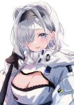  1girl :d animal_ears arknights aurora_(arknights) bear_ears black_hairband blue_eyes breasts cleavage cleavage_cutout clothing_cutout commentary_request grey_hair hair_ornament hairband hairclip jacket large_breasts looking_at_viewer open_mouth raramente short_hair simple_background smile solo upper_body white_background white_jacket 
