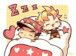  2boys :&lt; :3 belt black_hair blonde_hair blush_stickers border chibi chibi_only closed_eyes dio_brando earrings full_body futon hat heart heart-shaped_pillow jewelry jojo_no_kimyou_na_bouken kotorai kujo_jotaro limited_palette lying male_focus multiple_boys no_nose on_back open_mouth pillow sleeping star_(symbol) white_border zzz 