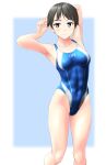  1girl abs absurdres armpits arms_behind_head black_hair blue_eyes blue_swimsuit clothes_writing collarbone competition_swimsuit highleg highleg_swimsuit highres looking_at_viewer muscular muscular_female one-piece_swimsuit original short_hair simple_background solo swimsuit takafumi white_background 