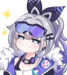  1girl black_jacket black_ribbon blush choker commentary_request eyewear_on_head fur-trimmed_jacket fur_trim gradient_hair grey_eyes grey_hair hair_intakes hair_ribbon highres honkai:_star_rail honkai_(series) jacket long_hair multicolored_hair purple_hair ribbon shirt silver_wolf_(honkai:_star_rail) simple_background smile solo sunglasses upper_body white_background white_shirt xtacy 