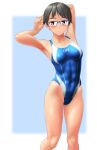  1girl abs absurdres armpits arms_behind_head black_hair blue-framed_eyewear blue_eyes blue_swimsuit clothes_writing collarbone competition_swimsuit glasses highleg highleg_swimsuit highres looking_at_viewer muscular muscular_female one-piece_swimsuit original short_hair simple_background solo swimsuit takafumi tan white_background 