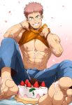  1boy abs bara bare_pectorals barefoot black_hair blue_pants cake clothes_lift feet food food_on_body food_on_face foreshortening fruit full_body grin happy_birthday highres itadori_yuuji jujutsu_kaisen kuroshinki lifted_by_self looking_at_viewer male_focus muscular muscular_male navel nipples open_fly orange_shirt pants pectorals pink_hair sexually_suggestive shirt shirt_lift short_hair sideburns sitting sleeveless sleeveless_shirt smile soles solo spiked_hair spread_legs stomach strawberry strawberry_cake toes undercut veins 