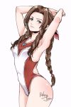  1girl aerith_gainsborough arms_behind_head braid braided_ponytail breasts brown_hair cowboy_shot final_fantasy final_fantasy_vii final_fantasy_vii_rebirth final_fantasy_vii_remake green_eyes highres long_hair one-piece_swimsuit parted_bangs red_one-piece_swimsuit relaxjon sidelocks simple_background small_breasts solo swimsuit two-tone_swimsuit white_background white_one-piece_swimsuit 