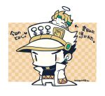  2boys :3 androgyne_symbol black_shirt blonde_hair blush_stickers chibi chibi_only closed_eyes coat dio_brando earrings full_body halo hat jewelry jojo_no_kimyou_na_bouken kotorai kujo_jotaro male_focus multiple_boys no_nose pants shirt signature size_difference translation_request white_coat white_headwear white_pants 