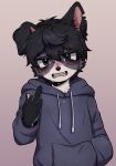  1boy acorn_furry angry animal_ears black_fur black_hair claws cowboy_shot crying crying_with_eyes_open cub dog_boy dog_ears floppy_ears hand_in_pocket highres hood hoodie looking_at_viewer male_focus middle_finger notched_ear original solo tears teeth two-tone_fur white_fur 