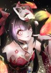  1girl :p aoi_usagi_(marinebluerabbit) bare_shoulders bell black_choker bow breasts brown_hair choker closed_mouth criss-cross_halter detached_sleeves dress finger_to_mouth fish flower-shaped_pupils fox_mask hair_bow halterneck hand_up highres honkai:_star_rail honkai_(series) index_finger_raised large_breasts long_hair mask mask_on_head nail_polish neck_bell o-ring obi pink_eyes pink_nails red_bow red_dress red_sleeves sash short_sleeves sidelocks sleeveless sleeveless_dress smile solo sparkle_(honkai:_star_rail) symbol-shaped_pupils tongue tongue_out twintails upper_body 
