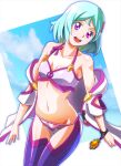  1girl absurdres bangs bikini blue_hair breasts cleavage collarbone head_tilt highres hood hoodie ibuki_sakura_(sgw_v07) looking_at_viewer off_shoulder open_mouth purple_bikini purple_eyes sally_land short_hair small_breasts smile solo swimsuit thighhighs white_hoodie zoids zoids_wild_zero 