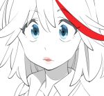  1girl bad_id bad_twitter_id blue_eyes flat_color jacket kill_la_kill lips lipstick makeup matoi_ryuuko multicolored_hair o-nashi_neko raised_eyebrows shading_eyes short_hair solo_focus spot_color streaked_hair sukajan suprised tomboy upper_body wide-eyed 