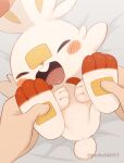 2023 3_fingers 3_toes ambiguous_gender anthro bed buckteeth duo feet fingers fur furniture generation_8_pokemon happy hi_res human lying lying_on_bed male mammal nintendo on_back on_bed open_mouth pokemon pokemon_(species) probe044913 scorbunny soles teeth toes tongue white_body white_fur
