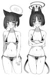  2girls animal_ears arm_behind_back bare_shoulders bikini blue_archive blunt_bangs blush breasts breasts_apart bright_pupils cat_ears cat_tail collarbone cropped_legs crossed_arms greyscale halo highres kazusa_(blue_archive) kikyou_(blue_archive) looking_at_another looking_at_viewer micro_bikini monochrome multiple_girls multiple_tails navel nichijo parted_bangs short_hair side-tie_bikini_bottom simple_background stomach sweat swimsuit tail two_tails white_background 