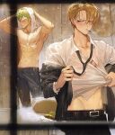  2boys abs belt black_belt black_pants blonde_hair blush bulge cigarette clothes_pull drying drying_hair earrings green_hair hair_over_one_eye jewelry long_sideburns looking_at_another male_cleavage male_focus multiple_boys navel necktie nipples one_piece pants pectorals pulled_by_self roronoa_zoro runa_(artist) sanji scar scar_on_chest shirt shirt_pull shirtless short_hair sideburns single_earring stomach toned toned_male towel undressing wet wet_clothes wet_shirt white_shirt yaoi 