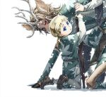  2boys animal_ears ankle_boots antlers arm_support arms_up blonde_hair blue_eyes boots brown_footwear brown_hair centauroid child deer_boy deer_ears facial_hair falling_petals grey_pants holding holding_sword holding_weapon horns kneeling leaning_on_person leaning_to_the_side long_sleeves looking_to_the_side male_focus monster_boy multiple_boys original pants petals ponytail red_eyes shirt shoe_soles short_hair simple_background snowing sword tabard taur watari_taichi weapon white_background white_shirt 