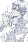  1boy cat chromatic_aberration collarbone dark-skinned_male dark_skin hand_on_own_hip hatching_(texture) jacket jewelry linear_hatching looking_at_another male_focus monochrome necklace ookurikara open_clothes open_jacket parted_lips sasasaki simple_background sitting_on_shoulder standing touken_ranbu twitter_username upper_body white_background 