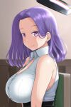  1girl breasts chair commentary_request forehead hair_intakes kantai_collection large_breasts looking_at_viewer mimofu_(fullhighkick) open_clothes open_shirt purple_eyes purple_hair shirt short_hair sitting sleeveless sleeveless_shirt smile solo tatsuta_(kancolle) upper_body 